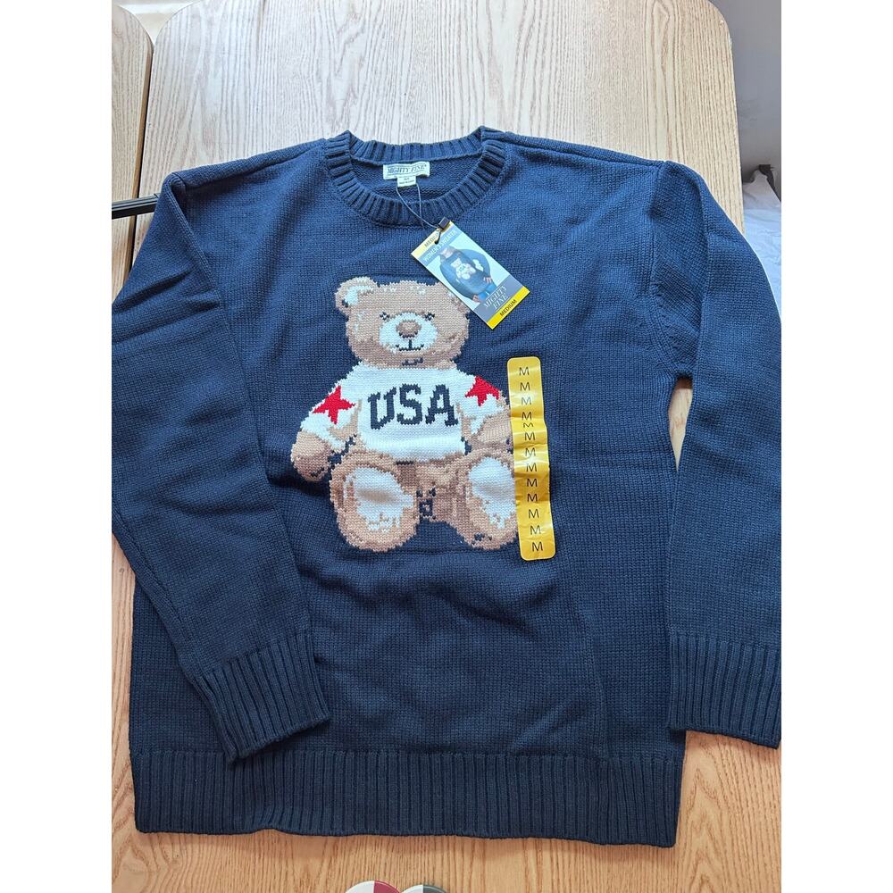 New Womens Mighty Fine Teddy Bear🧸 USA 🇺🇸 Print Sweater Cotton Acrylic Medium
